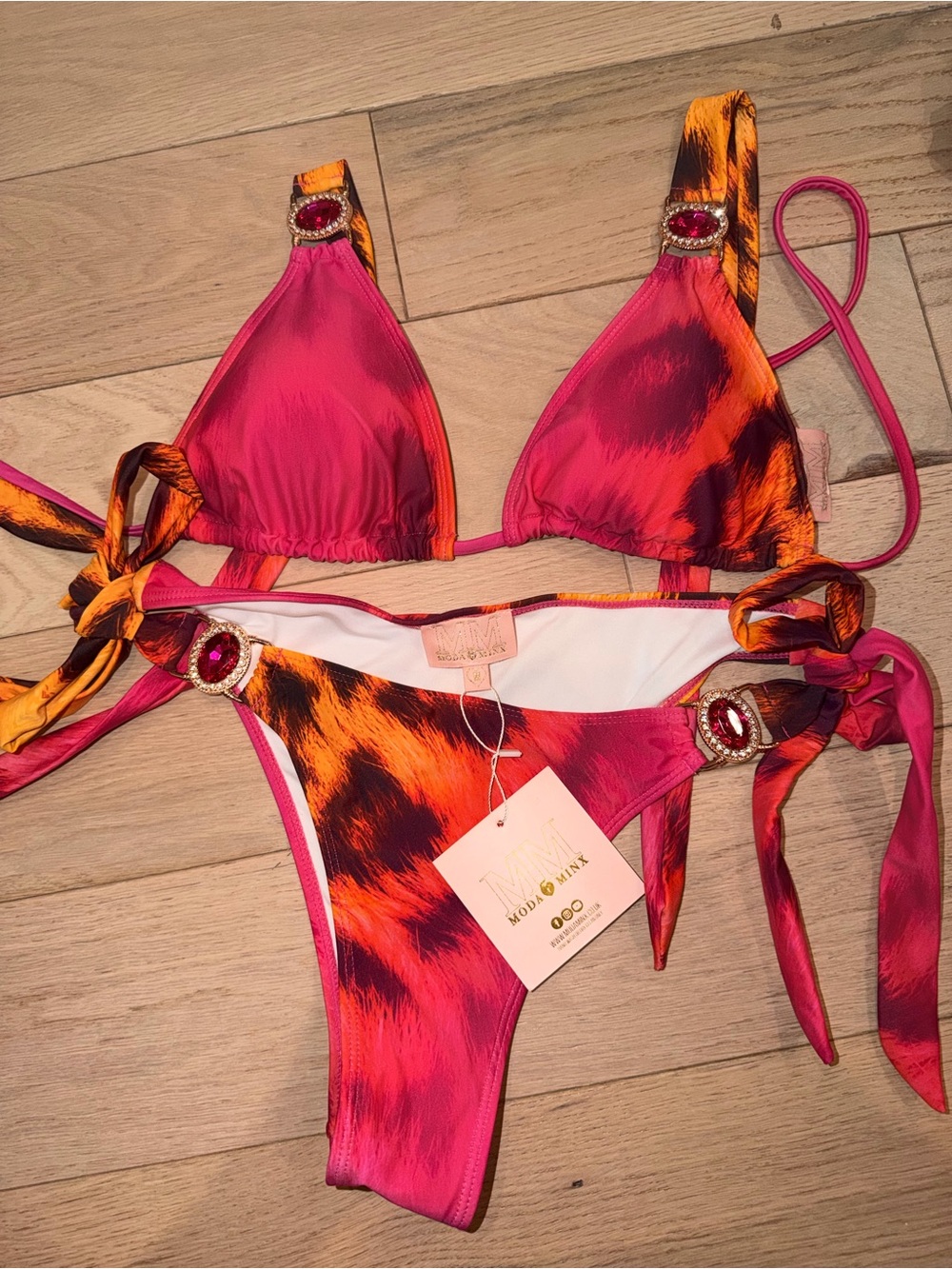 ModaMinx Pink Orange Tie-Side Triangle Bikini size Medium
